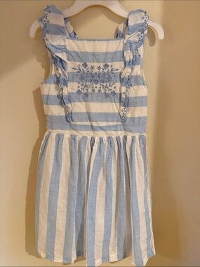 Girls Blue and White Striped Embroidered Sundress with Ruffle Straps